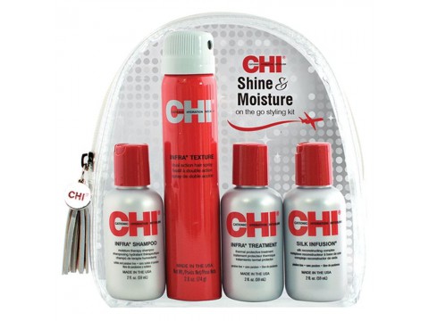 CHI INFRA Shine&Moisture rinkinys plaukams (Šampūnas 59ml+Kaukė 59ml+Plaukų lakas74ml+Plaukų šilkas 59ml) 